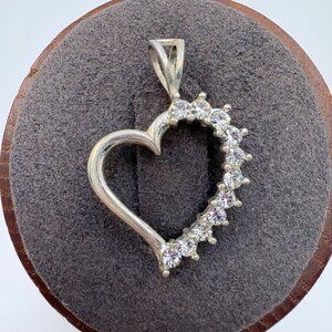 VTG Sterling Silver 925 Cubic Zirconia Open Heart Pendant Size 1" Length